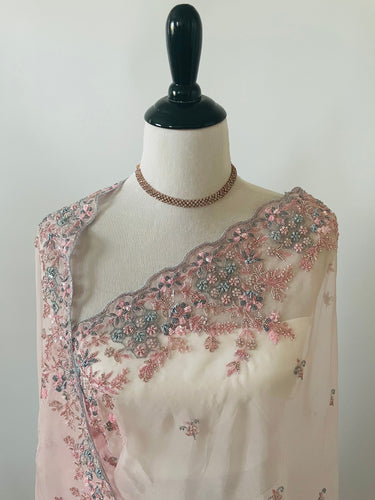 Handmade Premium Organza Saree | Light Pink | Hand Embroidery | Ships from California